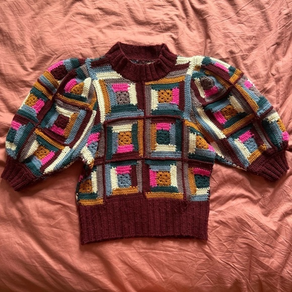 SEA New York Bubble Sleeve Crochet Knit Short Sleeve Wool Sweater Pink size 6 - Picture 2 of 5